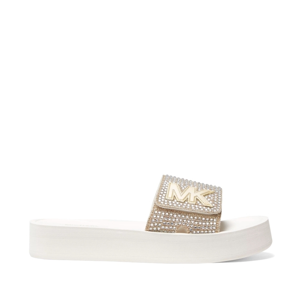 New! MICHAEL KORS Rhinestone MK Logo Platform Slide Sandals Shoes Open-Toe - Picture 2 of 7